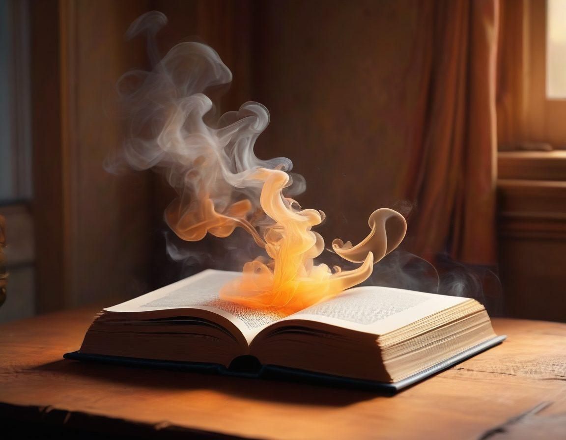 A captivating book partially open, with glowing pages radiating warmth and allure, surrounded by whimsical, swirling wisps of smoke that symbolize desire. In the background, soft shadows of romantic silhouettes can be seen, suggesting a passionate narrative. The setting is intimate and inviting, evoking a sense of curiosity and intrigue. vibrant colors. super-realistic.