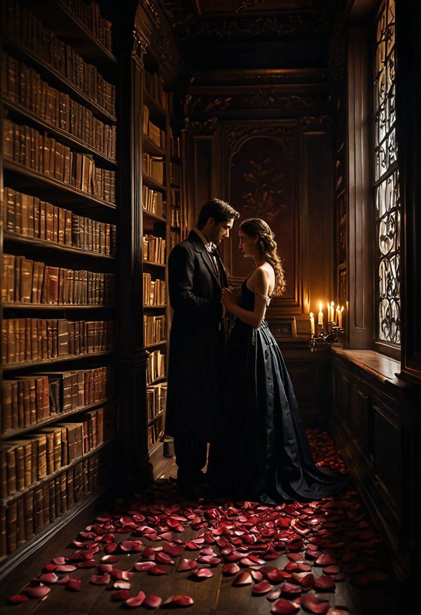 A dimly lit, ornate library filled with ancient books, where two shadowy figures, a man and a woman, exchange a secretive glance from behind a stack of books. Romantic candlelight flickers, casting playful shadows on the walls decorated with love letters. A hint of mystery and adventure permeates the atmosphere, as rose petals delicately fall from a hidden nook. The scene embodies the intrigue of forbidden love. painterly style. rich, deep colors. soft focus.